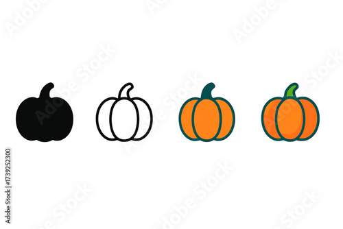 Autumn Pumpkin Icons. Vector icon autumn pumpkin same pose same proportions four styles black solid glyph outline minimal flat multicolor filled cartoon flat