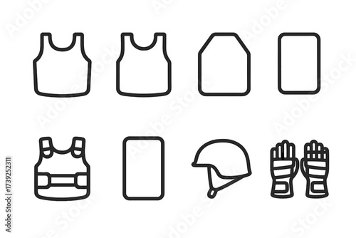 Ballistic Protection Icons. Outline icon set of ballistic protection levels: soft vest, hard plate, ceramic plate, trauma pad, stab-resistant vest, body armor