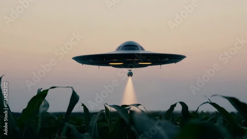 UFO Hovering Above Cornfield During Sunset with Bright Exhaust Flame