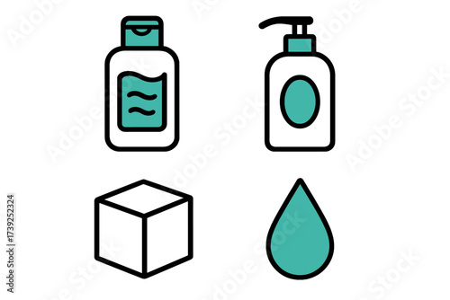 Color-Accented Icons. (colored), lotion bottle, small box, drop of honey. Simple cartoon-style black line icons representing common objects, symbols, and