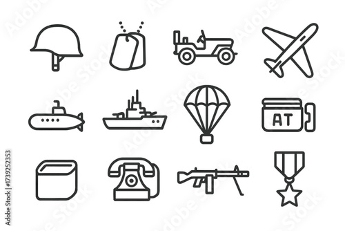 World War II Icons. World War II. Line icon set of World War II: helmet, dog tags, jeep, plane, submarine, battleship, parachute, ration tin, field phone,
