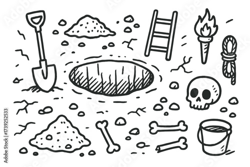 Underground Excavation Doodle. Pit. Hand-drawn doodle illustration hole in ground, shovel, dirt pile, rocks, ladder, rope, torch, skull, bones, bucket, cracks,
