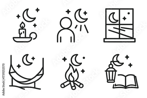 Moonlight Icon Set. Outline icon set of moonlight ambiance: candle lit by moonlight, person gazing at moon, moonlight through window, hammock under moonlight,