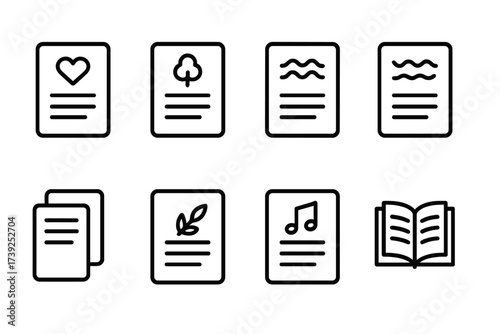 Poetry Icons Set. Outline icon set of poetry forms: sonnet, haiku, limerick, free verse, couplet, ode, ballad, epic. Line icons in only black color, consistent
