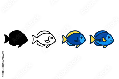 Surgeonfish Icon Set. Vector icon surgeonfish same pose same proportions four styles black solid glyph outline minimal flat multicolor filled cartoon flat