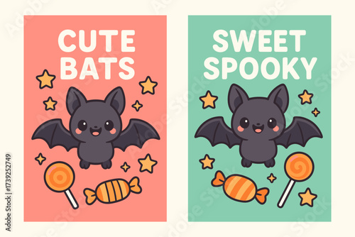 Cute Bats Banners. Two vertical A6 banners, flat vector design, coral pink and mint backgrounds, kawaii bats, stars and candy, first banner with text ?Cute