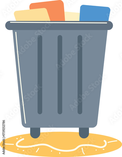 Modern Gray Trash Can Full Yellow Orange Blue Waste Flat Vector Illustration Garbage Disposal