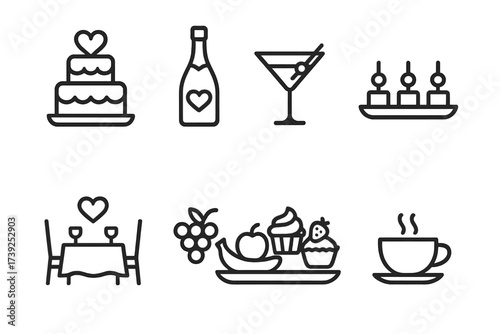 Wedding Icon Set. Outline icon set of wedding food and drinks: wedding cake, champagne bottle, cocktail glass, appetizers, dining table, fruit platter,