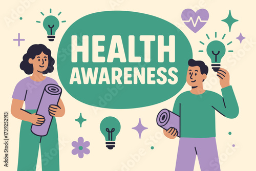 Health Awareness Banner. Health Awareness banner, flat vector illustration, bold oversized text inside rounded blob, cartoon characters holding yoga mats and