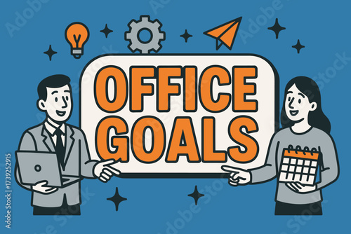 Office Goals Illustration. Office Goals banner, flat vector illustration, bold oversized text inside sticker outline, cartoon characters pointing with laptops