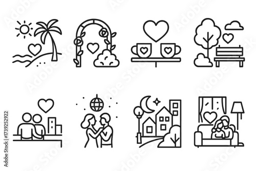 Romantic Icons Collection. Outline icon set of flirt romantic places: beach, garden, cafe, park, rooftop, dance hall, moonlit street, cozy room. Line icons in