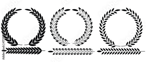 Laurel wreath icon vector. Set of wreaths and branches with leaves. Laurels wreaths, swirls, twigs and flower ornaments, certified, badge, trophy, award, winner round emblem, logo. Vector illustration