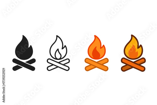 Bonfire and Surfboard Icons. Vector icon bonfire flame same pose same proportions four styles black solid glyph outline minimal flat multicolor filled cartoon