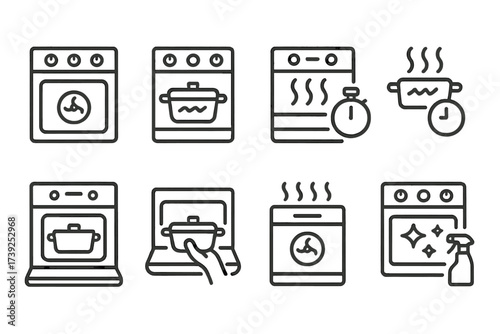 Oven Cooking Icons. Outline icon set of oven cooking steps: preheat, place dish, set timer, monitor cooking, open door, remove dish, cool down, clean oven.