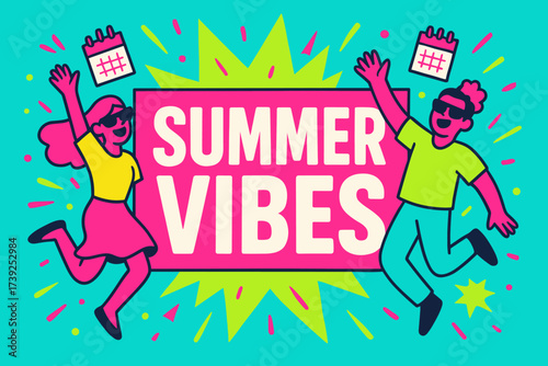Summer Vibes Unleashed. Summer Vibes banner, flat vector illustration, bold oversized text inside rectangular frame, cartoon characters jumping with sunglasses