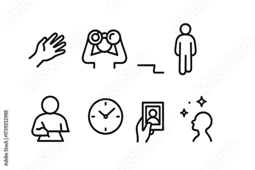 Longing Actions Icons. Outline icon set of longing actions: reaching hand, looking through binoculars, walking away, sitting alone, writing letter, waiting