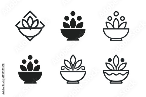 Ritual Offering Logos. religious rituals. Set Logo of religious rituals: offering bowl. harmonious logo variations of the same emblematic concept, each with