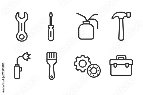 Maintenance Tools Icons. Outline icon set of destroyer maintenance tools: wrench, screwdriver, oil can, hammer, welding torch, cleaning brush, spare parts,