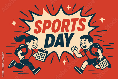 Sports Day Extravaganza. Sports Day banner, flat vector illustration, bold oversized text inside splash explosion, cartoon characters running with backpacks