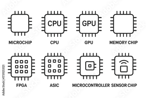 Chip Icon Set. Outline icon set of chip types: microchip, CPU, GPU, memory chip, FPGA, ASIC, microcontroller, sensor chip. Line icons in only black