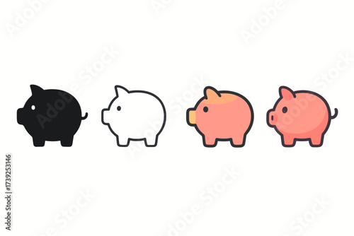 Piggy Bank Styles. Vector icon piggy bank same pose same proportions four styles black solid glyph outline minimal flat multicolor filled cartoon flat shaded.