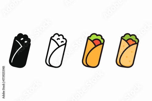 Burrito Icon Styles. Vector icon burrito wrap same pose same proportions four styles black solid glyph outline minimal flat multicolor filled cartoon flat