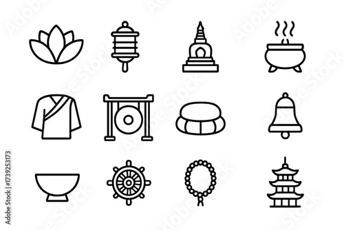 Buddhist Ritual Icons. Buddhist rituals. Line icon set of Buddhist rituals: lotus flower, prayer wheel, stupa, incense burner, monk robe, gong, meditation