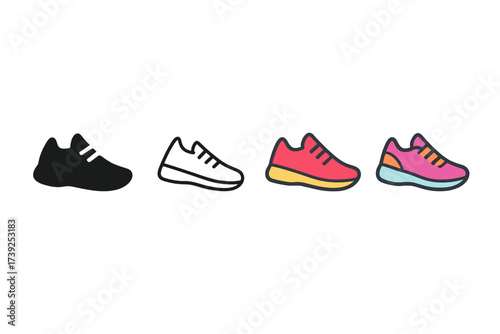 Stylized Shoe Icons. Vector icon running shoes same pose same proportions four styles black solid glyph outline minimal flat multicolor filled cartoon flat