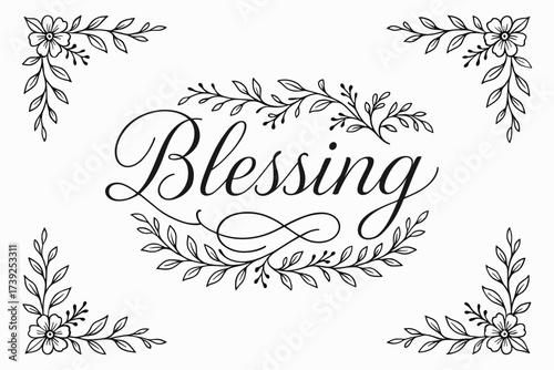 Elegant Calligraphy Design. Blessing, thin line calligraphy, smooth curves, balanced composition, clear readable letters, consistent style, surrounded by