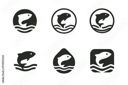 Fish Logo Variations. lake. Set Logo of lake: fish silhouette. harmonious logo variations of the same emblematic concept, each with different