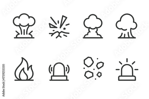 Mine Effects Icons. Outline icon set of mine effects: explosion blast, shrapnel, crater, smoke cloud, fire burst, shockwave, debris, alarm siren. Line icons in