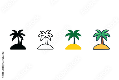 Island Icon Styles. Vector icon island with jungle trees same pose same proportions four styles black solid glyph outline minimal flat multicolor filled