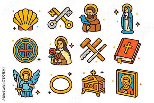 Christian Saints Icons. Christian saints. Colorful isometric vector icons set of Christian saints: Saint James scallop shell, Saint Peter keys, Saint Francis
