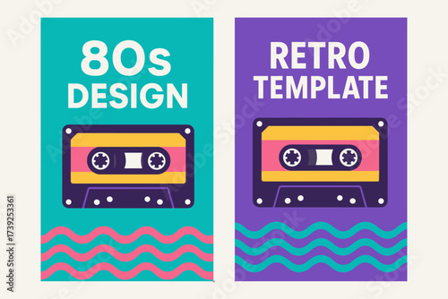 80s Retro Banners. Two vertical A6 banners, flat vector design, turquoise and violet backgrounds, retro cassette and geometric waves, 80s theme, first banner