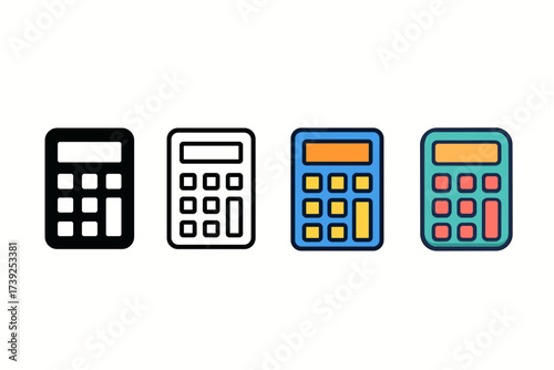 Calculator Icons Styles. Vector icon calculator same pose same proportions four styles black solid glyph outline minimal flat multicolor filled cartoon flat