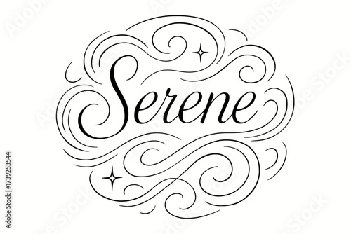 Serene Calligraphy Art. Serene, thin line calligraphy, smooth curves, balanced composition, clear readable letters, consistent style, surrounded by abstract