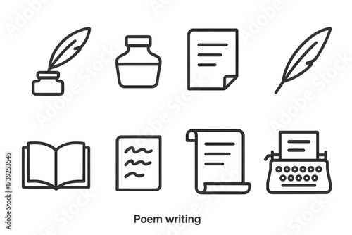 Poetry Writing Icons. Outline icon set of poem writing: quill pen, ink bottle, parchment paper, feather pen, open book, handwritten script, poetry scroll,