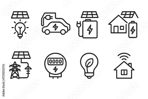 Power Bank Icon Set. Outline icon set of power bank types: portable power bank, solar power bank, wireless charging power bank, slim power bank, rugged power