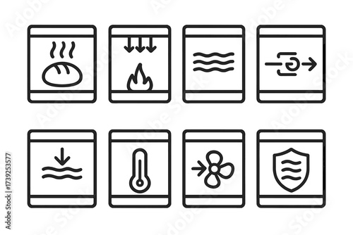 Oven Temperature Icons. Outline icon set of oven temperature zones: baking zone, broiling zone, warming zone, cooling zone, heat source, fan circulation,