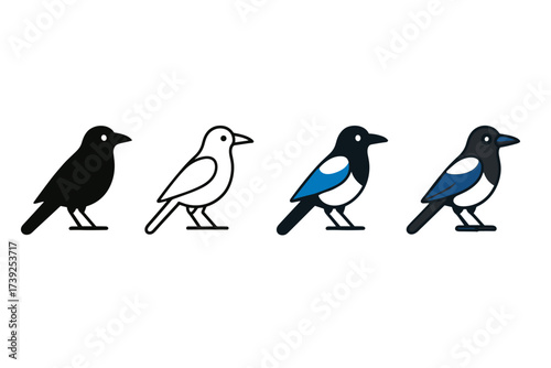 Magpie Icon Styles. Vector icon magpie bird same pose same proportions four styles black solid glyph outline minimal flat multicolor filled cartoon flat