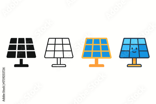 Solar Panel Icons. Vector icon solar panel same pose same proportions four styles black solid glyph outline minimal flat multicolor filled cartoon flat shaded.