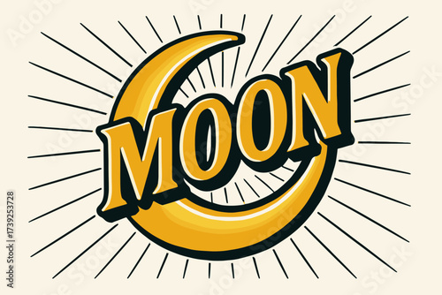 Retro Moon Poster. Moon, retro poster lettering, rounded glowing curves, surrounded by rays, diagonal decorative composition, clean white background, vector
