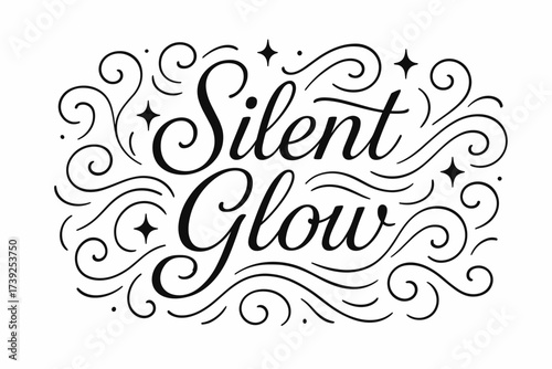 Silent Calligraphy Glow. Silent Glow, thin line calligraphy, smooth curves, balanced composition, clear readable letters, consistent style, surrounded by