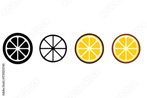 Lemon Slice Icons. Vector icon lemon slice same pose same proportions four styles black solid glyph outline minimal flat multicolor filled cartoon flat shaded.
