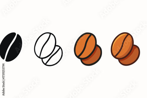 Coffee Bean Icons. Vector icon roasted coffee beans same pose same proportions four styles black solid glyph outline minimal flat multicolor filled cartoon
