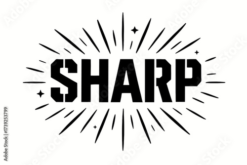 Stencil Letter Spark. Sharp, stencil lettering, strong block strokes, surrounded by sparks, horizontal balanced layout, clean white background, vector look,