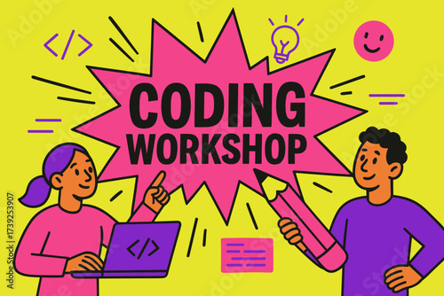Vibrant Coding Workshop. Coding Workshop banner, flat vector illustration, bold oversized text inside splash explosion, cartoon characters pointing with