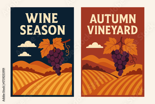 Wine Harvest Banners. Two vertical A6 banners, flat vector design, navy and red backgrounds, vineyard with grapes and hills, autumn harvest, first banner with