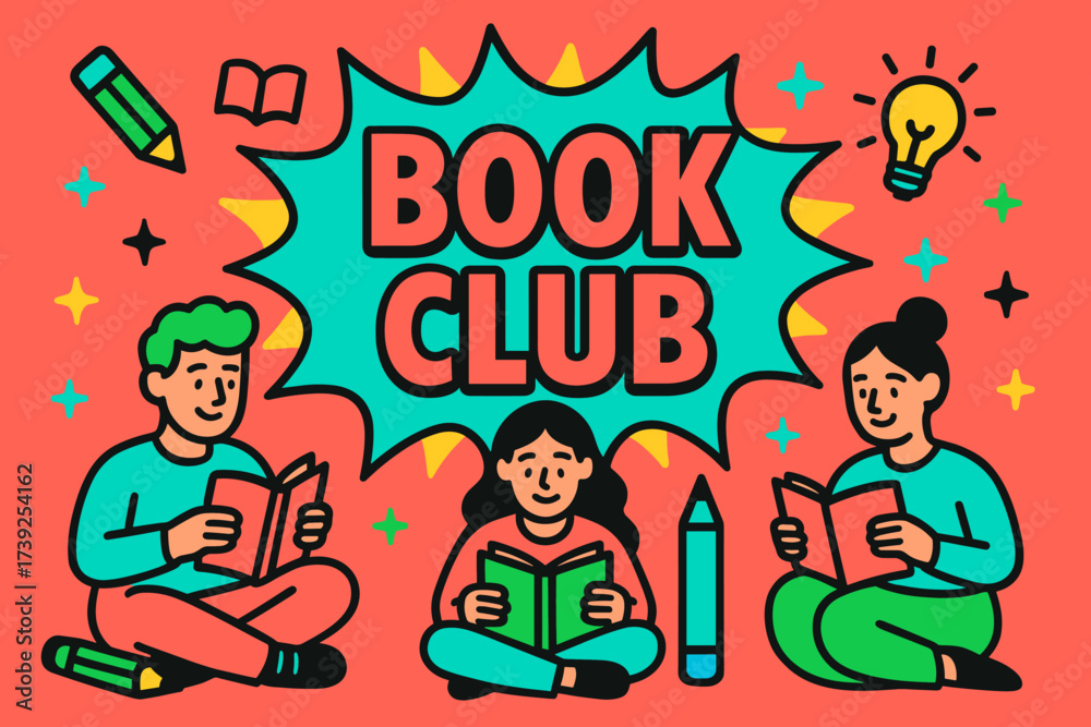 Obraz premium Vibrant Book Club Banner. Book Club banner, flat vector illustration, bold oversized text inside comic burst, cartoon characters sitting with books and