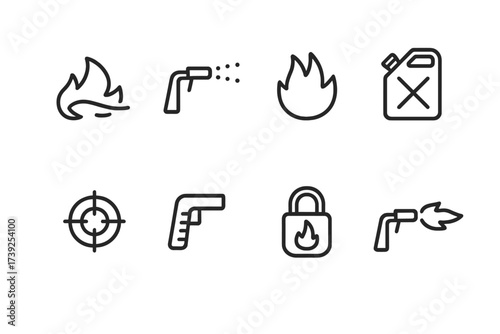 Flamethrower Icon Set. Outline icon set of flamethrower use: flame arc, spraying fuel, fire burst, fuel refill, aiming sight, recoil handle, safety lock, burst